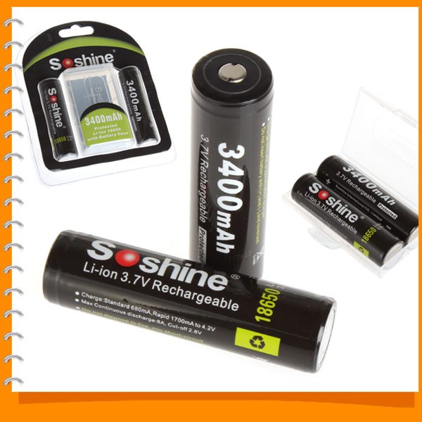 2pcs! soshine 3400mah 3.7v 18650 battery rechargeable protected high discharge 18650 li-ion battery + retail box + battery case 2pcs! soshine 3400mah 3.7v 18650 battery rechargeable protected high discharge 18650 li-ion battery + retail box + battery case
