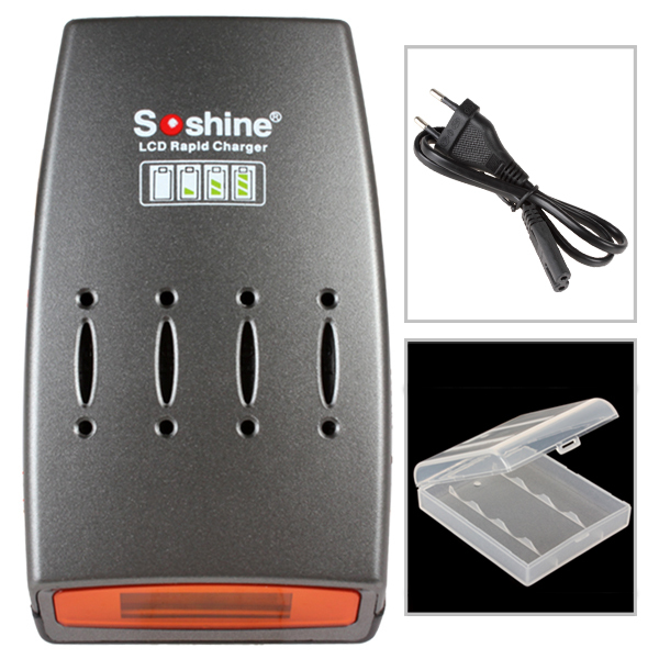 soshine intelligent smart rapid battery charger for 4pcs ni-mh / ni-cd aa aaa battery with lcd indicator + battery case