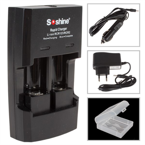 soshine li-fepo4 intelligent smart battery charger for rcr123 cr2 16340 17335 rechargeable battery + car charger & battery case