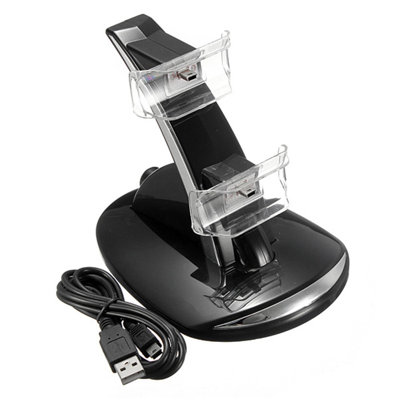 2015 black quick dual charger charging dock stand + usb cable for sony for playstation 3 for ps3 controller console