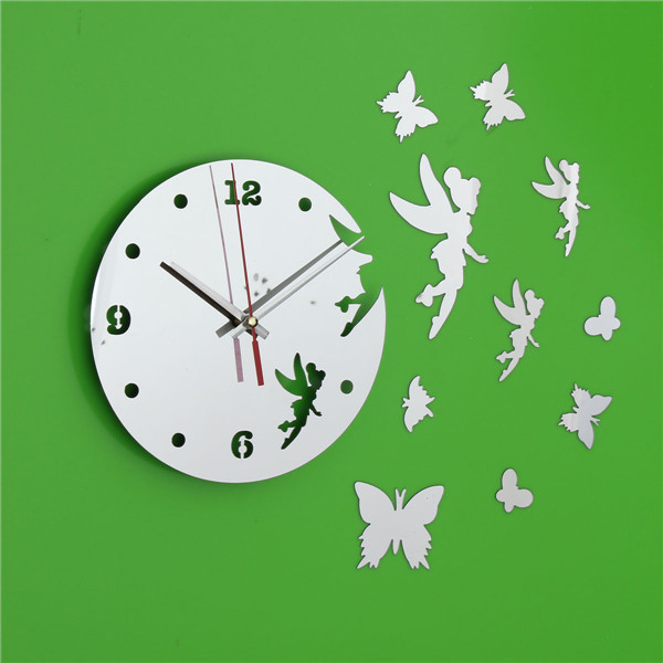 2015 new arrival fairy with butterfly mirror wall clock 17.7h acrylic mirrors diy wall clock modern design home decoration