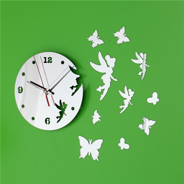 2015 new arrival fairy with butterfly mirror wall clock 17.7h acrylic mirrors diy wall clock modern design home decoration