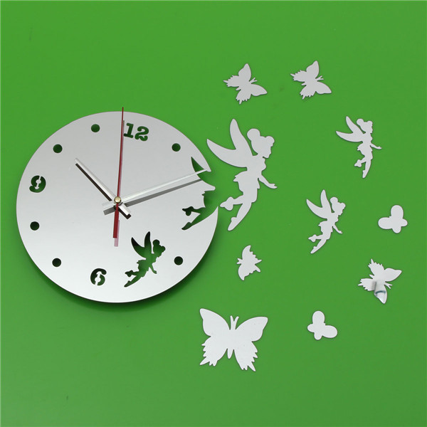 2015 new arrival fairy with butterfly mirror wall clock 17.7h acrylic mirrors diy wall clock modern design home decoration