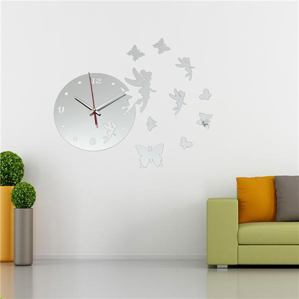 2015 new arrival fairy with butterfly mirror wall clock 17.7h acrylic mirrors diy wall clock modern design home decoration
