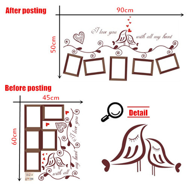 2015 new arrival fashion design love birds po frame self adhesive removable vinyl art wall sticker decal mural home decor