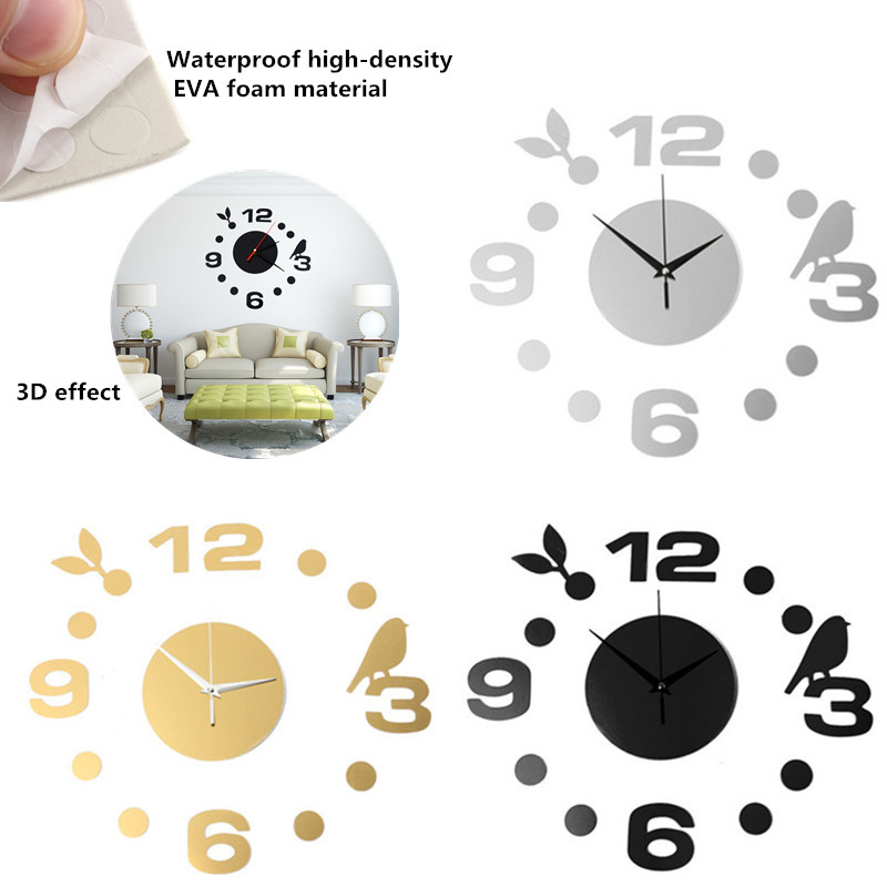 2015 new fashion top selling modern design 3d alloy mirror surface diy large wall clock home office room decor sticker
