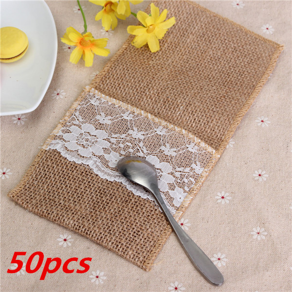 50pcs/lot modern design new style vintage hessian burlap lace wedding tableware pouch cutlery holder decorations favor 11x21cm 50pcs/lot modern design new style vintage hessian burlap lace wedding tableware pouch cutlery holder decorations favor 11x21cm