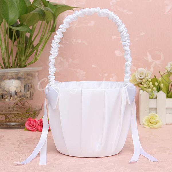 beautiful design elegant wedding party ceremony white bowknot satin ribbon flower girl basket candy decoration celebration