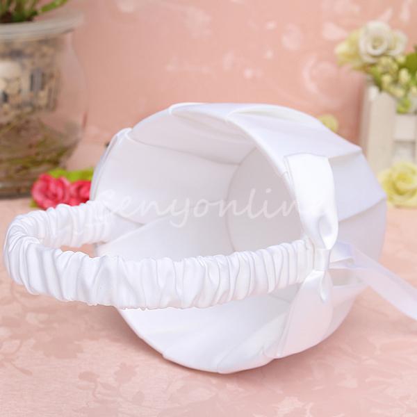 beautiful design elegant wedding party ceremony white bowknot satin ribbon flower girl basket candy decoration celebration