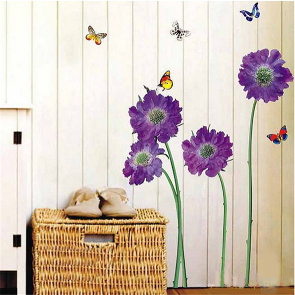 beautiful design purple flower butterfly paster wonderful home decor removable wall sticker living room,bedroom