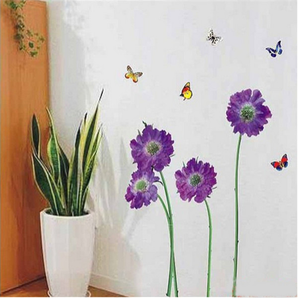 beautiful design purple flower butterfly paster wonderful home decor removable wall sticker living room,bedroom