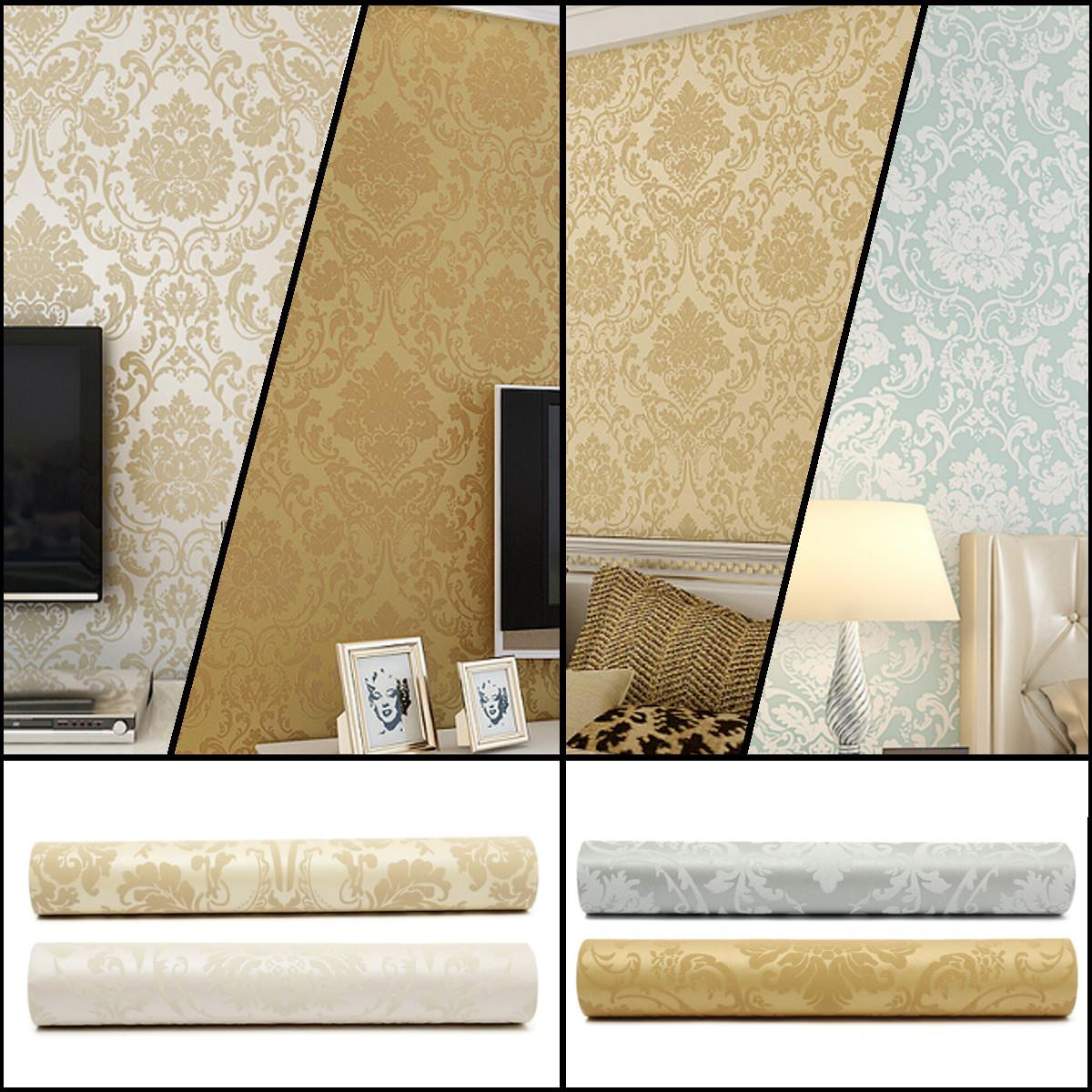 best promotion 10m/3ft embossed damask design flocked non-woven wallpaper roll home decoration brand new