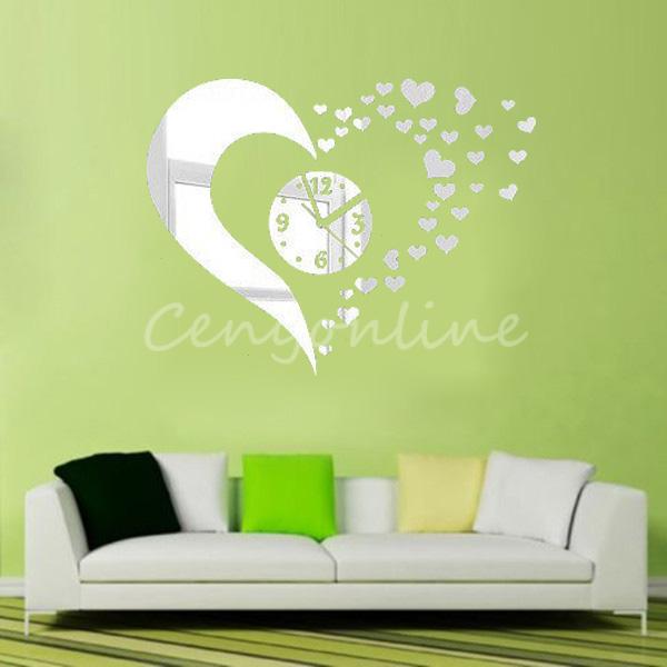 best promotion beautiful design diy novelty 3d home art hearts mirror decor wall clock living room silver home decoration