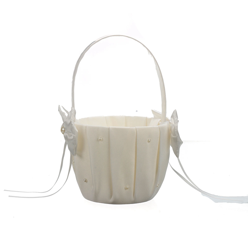 best promotion elegant wedding ceremony party ivory satin white bowknot diamante pearl flower girl basket decoration celebration
