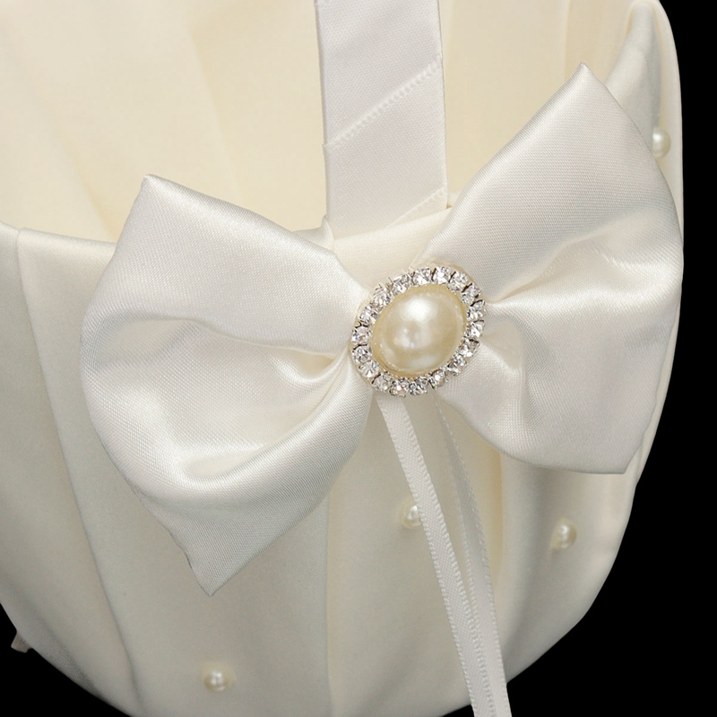 best promotion elegant wedding ceremony party ivory satin white bowknot diamante pearl flower girl basket decoration celebration