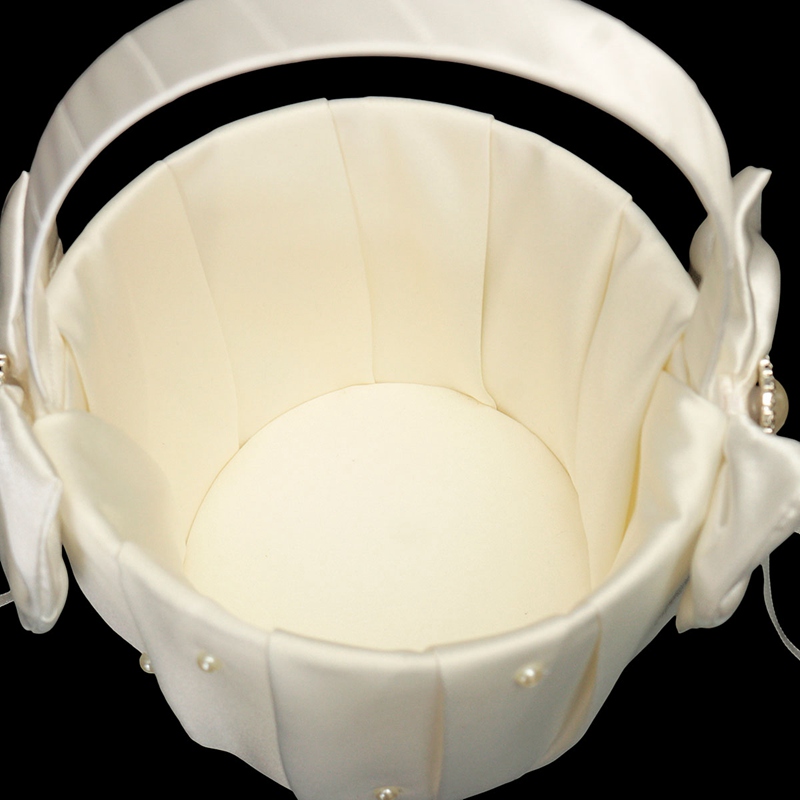 best promotion elegant wedding ceremony party ivory satin white bowknot diamante pearl flower girl basket decoration celebration