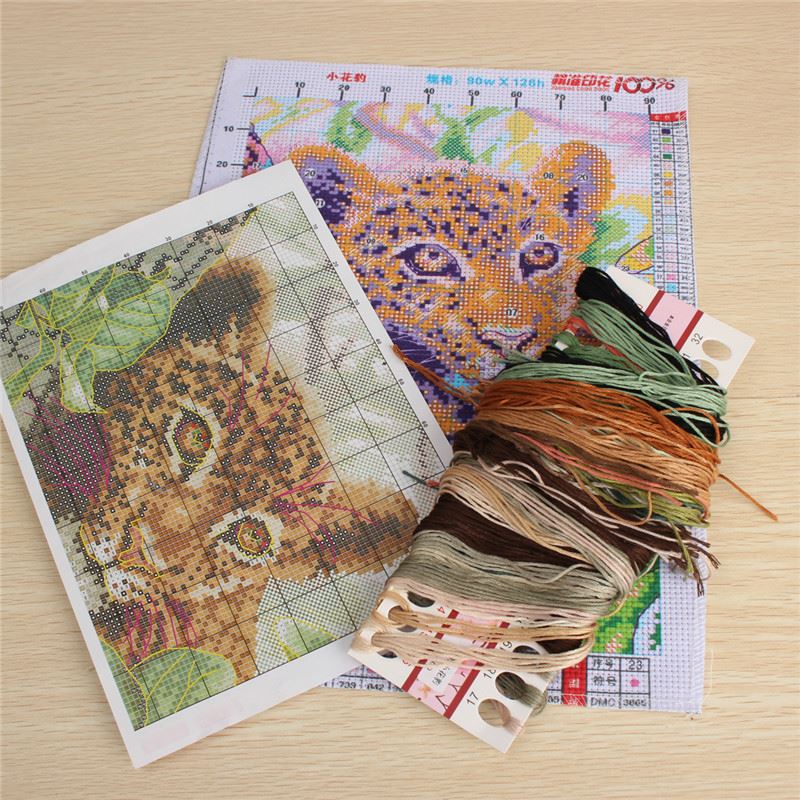 diy 25 * 33.5cm cross stitch kits set handmade needlework embroidery printed little leopard stitching home decoration