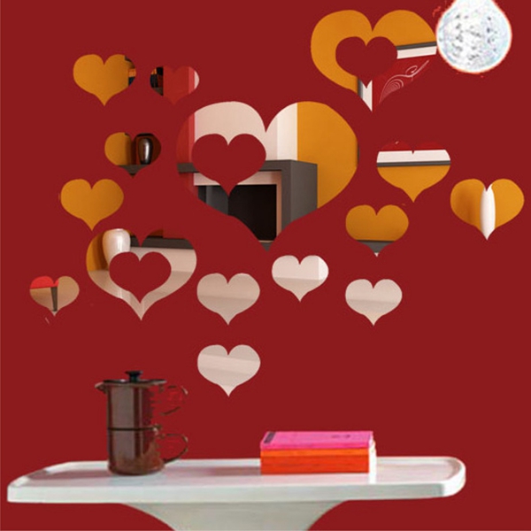 excellent quality 16pcs 3d diy love heart mirror surface art acrylic wall sticker home decal decor best promotion