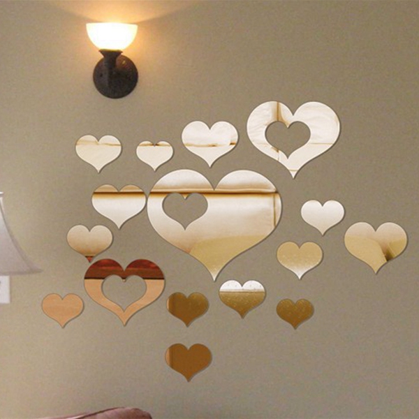 excellent quality 16pcs 3d diy love heart mirror surface art acrylic wall sticker home decal decor best promotion