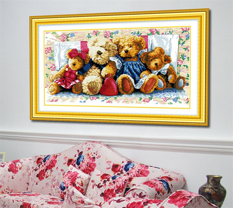 fashion stitch needlework diy dmc cross stitch sets for embroidery kits family of bears patterns counted cross-stitching home