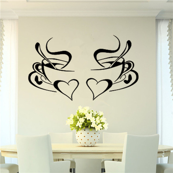 new 2 coffee cups sticker decal heart cafe restaurant wall window mural decor
