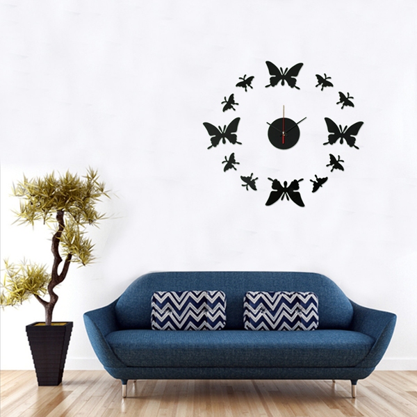 new arrvial!!! diy 12 black butterfly round wall clock mirror acrylic home office decor sticker excellent quality