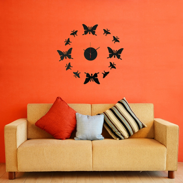 new arrvial!!! diy 12 black butterfly round wall clock mirror acrylic home office decor sticker excellent quality