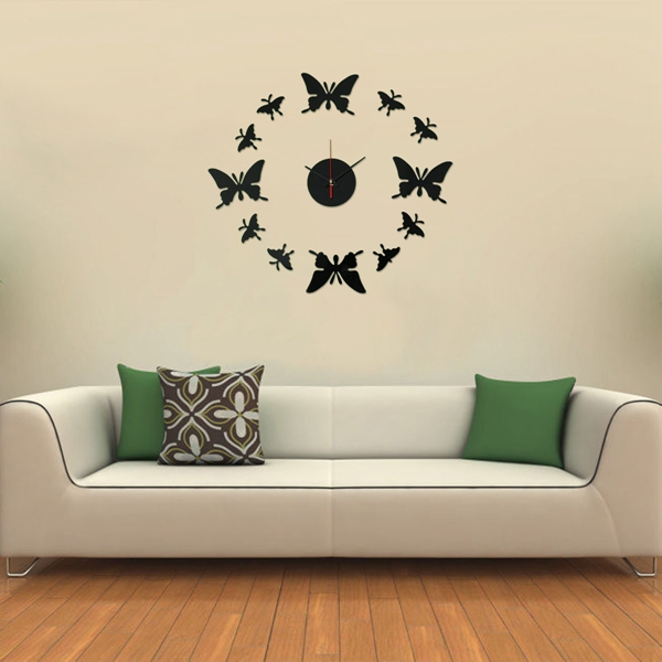 new arrvial!!! diy 12 black butterfly round wall clock mirror acrylic home office decor sticker excellent quality