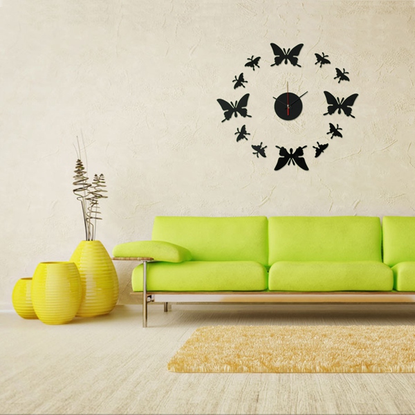 new arrvial!!! diy 12 black butterfly round wall clock mirror acrylic home office decor sticker excellent quality