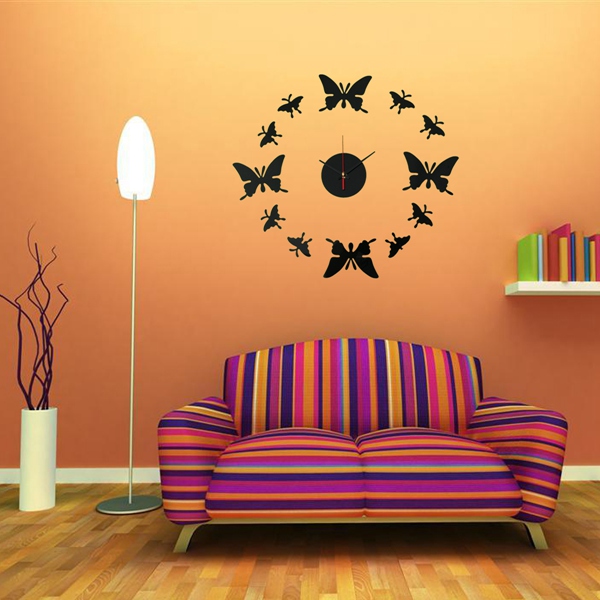 new arrvial!!! diy 12 black butterfly round wall clock mirror acrylic home office decor sticker excellent quality