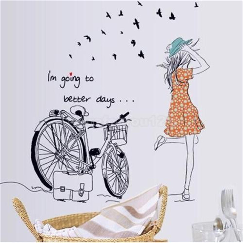 new arrvial diy removable beauty bicycle girl decal wall sticker for art home room decoration bedroom
