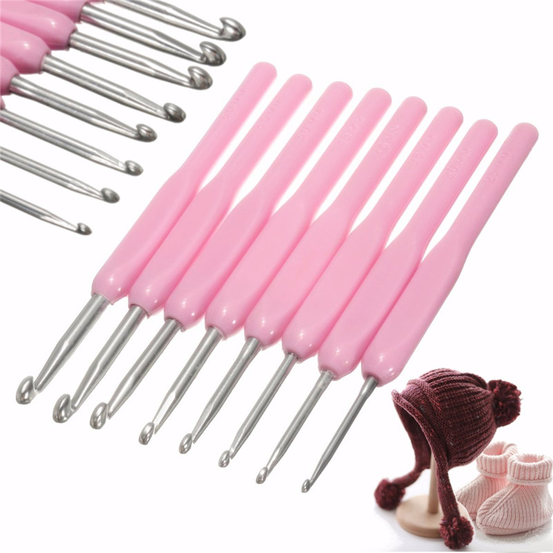 new durable 8pcs set pink soft handle aluminum crochet hooks needles knit weave craft yarn for loom tool diy crafts