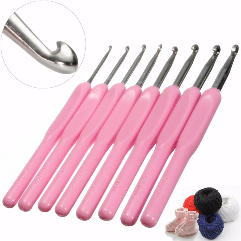 new durable 8pcs set pink soft handle aluminum crochet hooks needles knit weave craft yarn for loom tool diy crafts