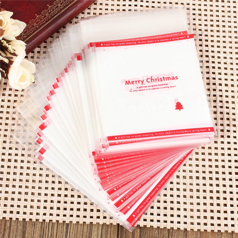 new !! top selling new stylish 100pcs merry christmas self adhesive xmas tree red cellophane party candy sweets cookie bag