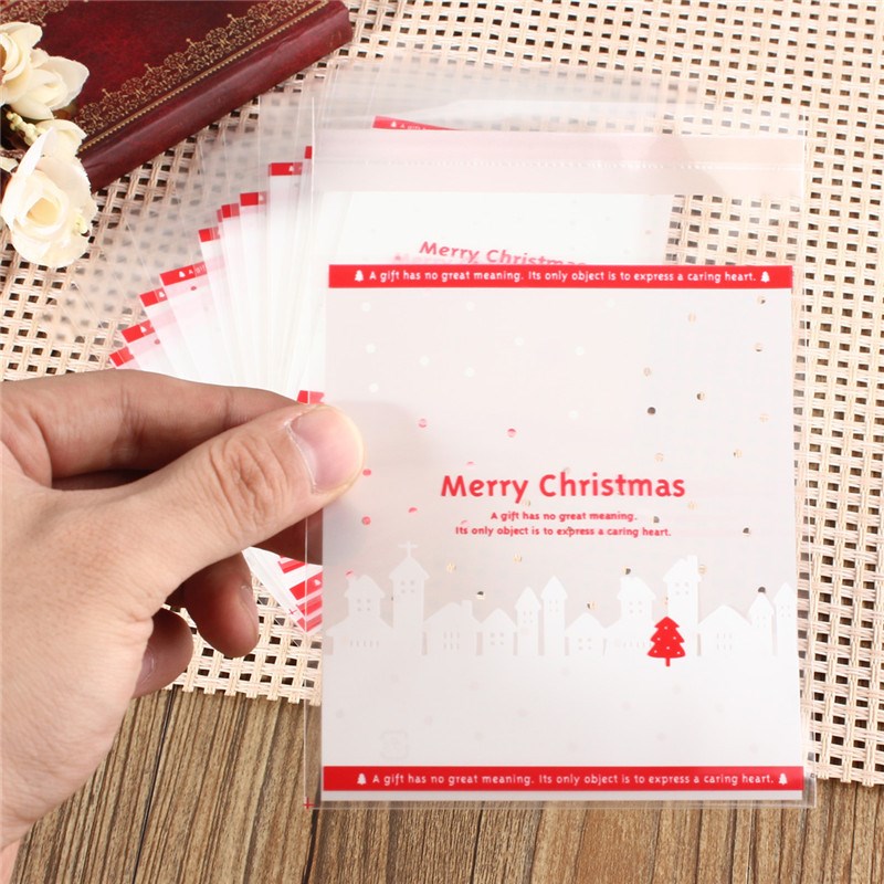 new !! top selling new stylish 100pcs merry christmas self adhesive xmas tree red cellophane party candy sweets cookie bag