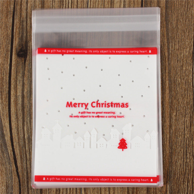 new !! top selling new stylish 100pcs merry christmas self adhesive xmas tree red cellophane party candy sweets cookie bag