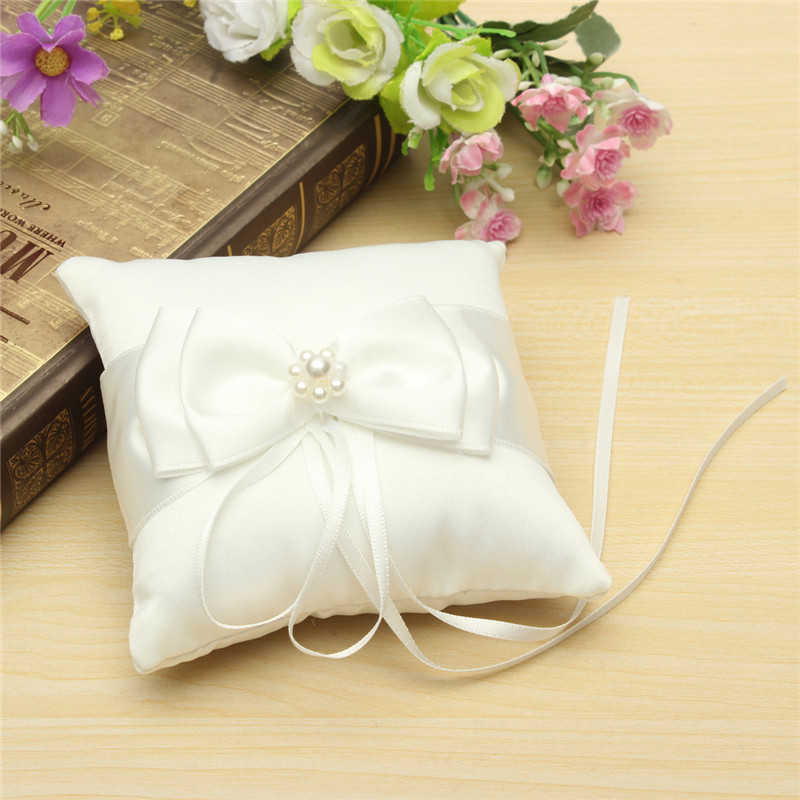 wedding decoration beautiful white double bow ribbon pearls romantic wedding ring pillow wedding pillow cushion