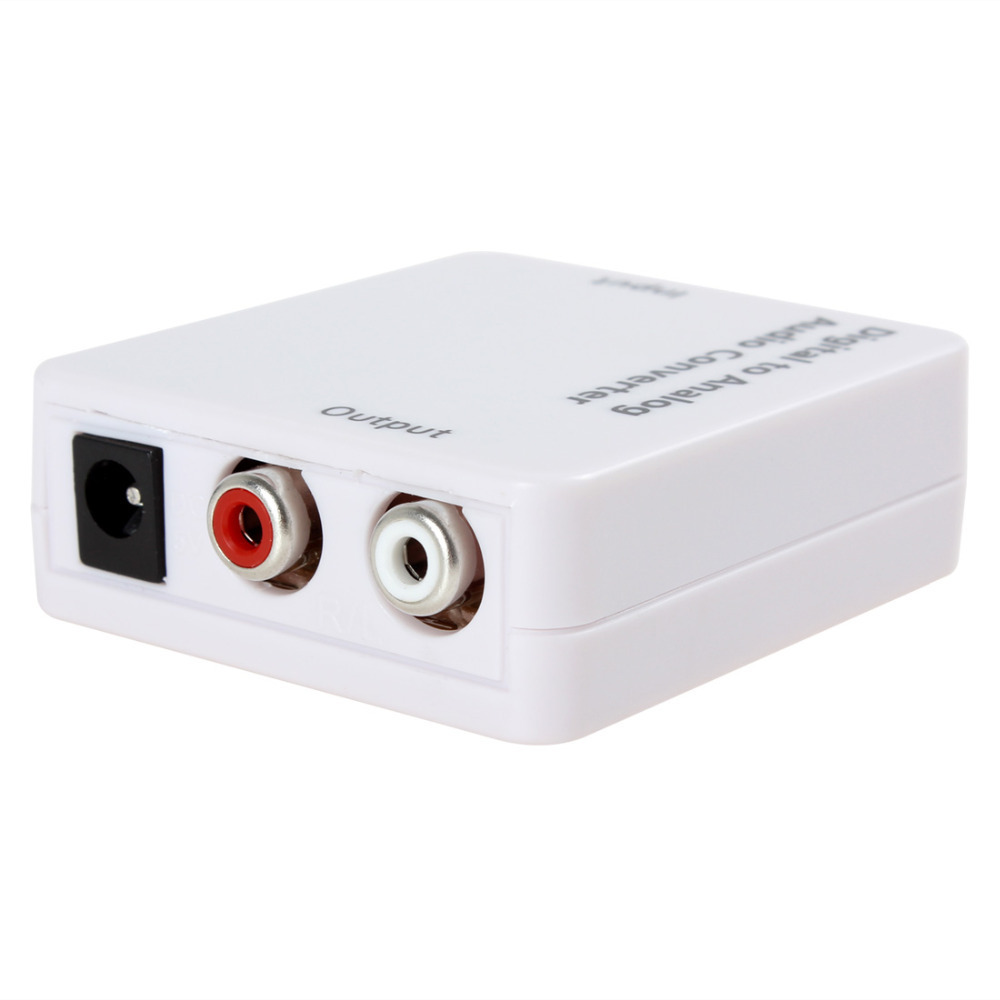 white mini digital optical coaxial rca / toslink signal to analog audio converter adapter with power & fiber optical cable