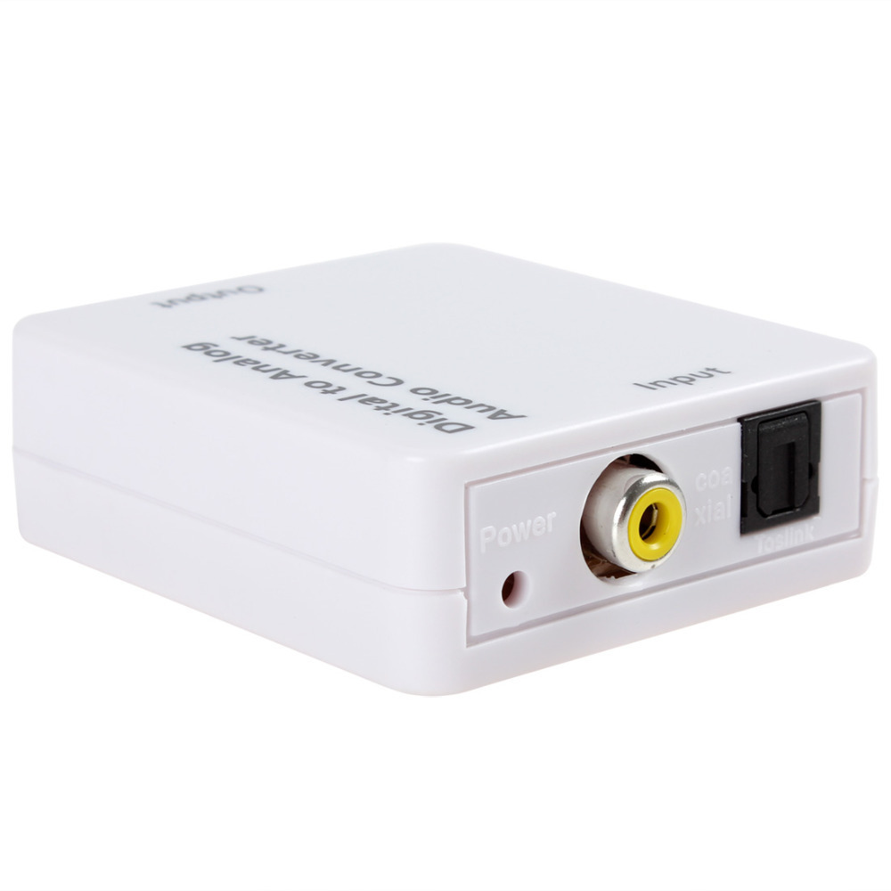 white mini digital optical coaxial rca / toslink signal to analog audio converter adapter with power & fiber optical cable