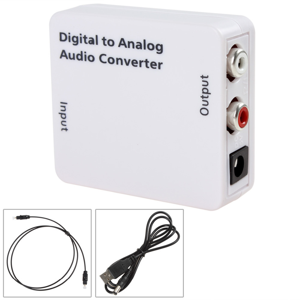 white mini digital optical coaxial rca / toslink signal to analog audio converter adapter with power & fiber optical cable