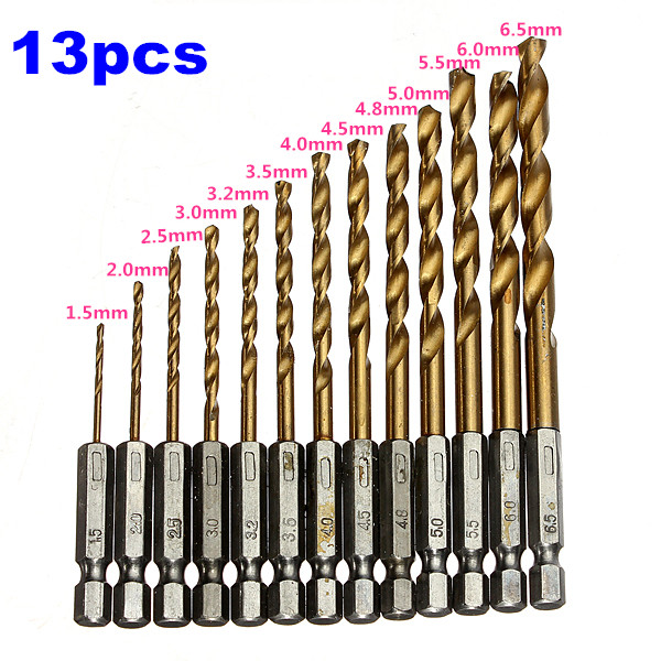13pcs/lot 1.5-6.5mm hss high speed steel titanium coated drill bit set power tool 1/4 hex shank