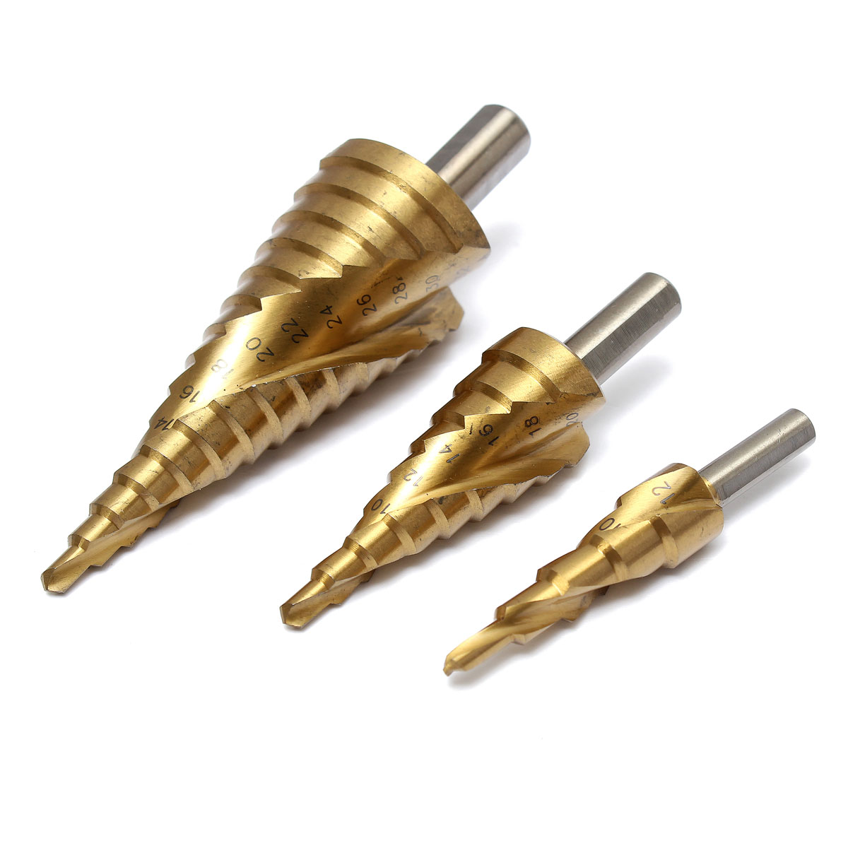3pcs large hss steel step cone drill titanium bit set kit hole 4-12/20/32mm dint 3pcs large hss steel step cone drill titanium bit set kit hole 4-12/20/32mm dint