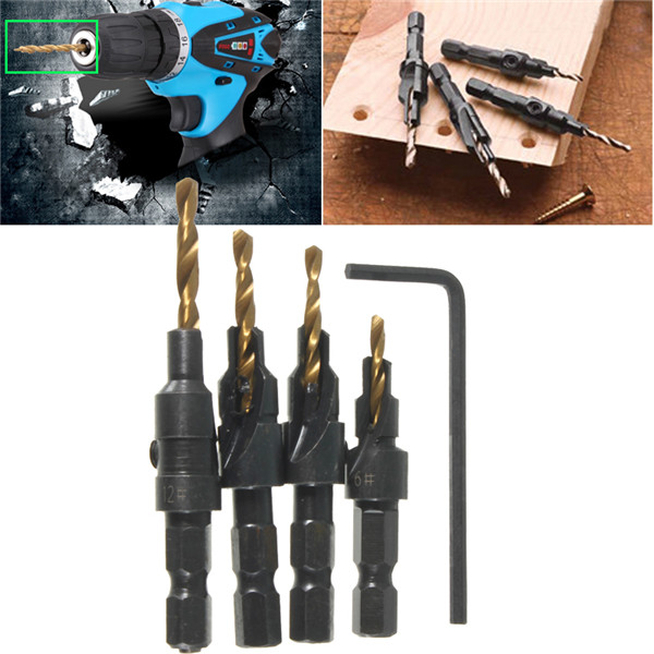 4pcs hss countersink drill bit cone bit set quick change wood hex shank screw carpentry woodworking tools 6#,8#,10# and 12# 4pcs hss countersink drill bit cone bit set quick change wood hex shank screw carpentry woodworking tools 6#,8#,10# and 12#