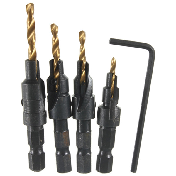 4pcs hss countersink drill bit cone bit set quick change wood hex shank screw carpentry woodworking tools 6#,8#,10# and 12#