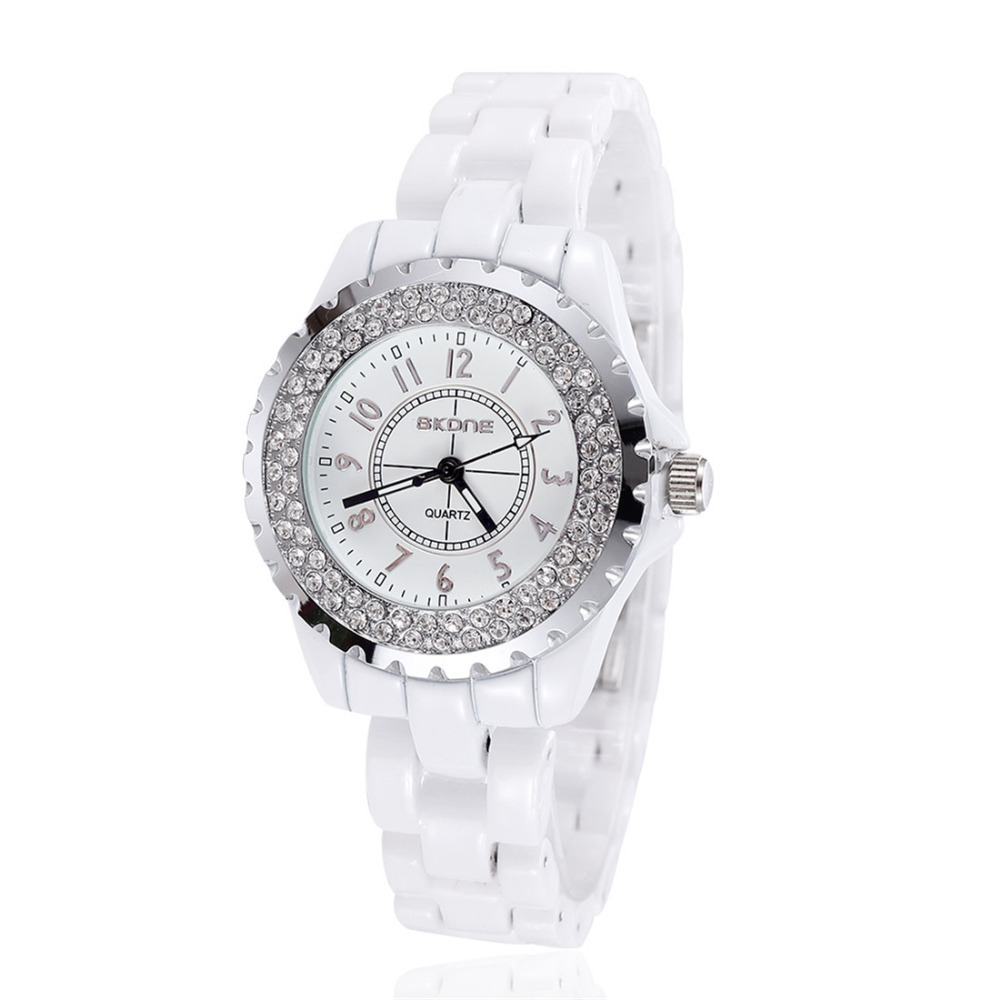 2015 skone fashion wrist watch women shinny rhinestone white artificial ceramic bracelet female ladies wrist watches girl gift