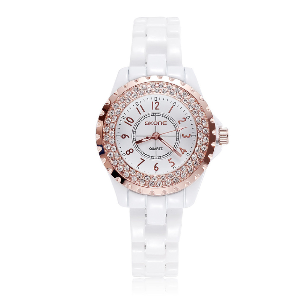 2015 skone fashion wrist watch women shinny rhinestone white artificial ceramic bracelet female ladies wrist watches girl gift