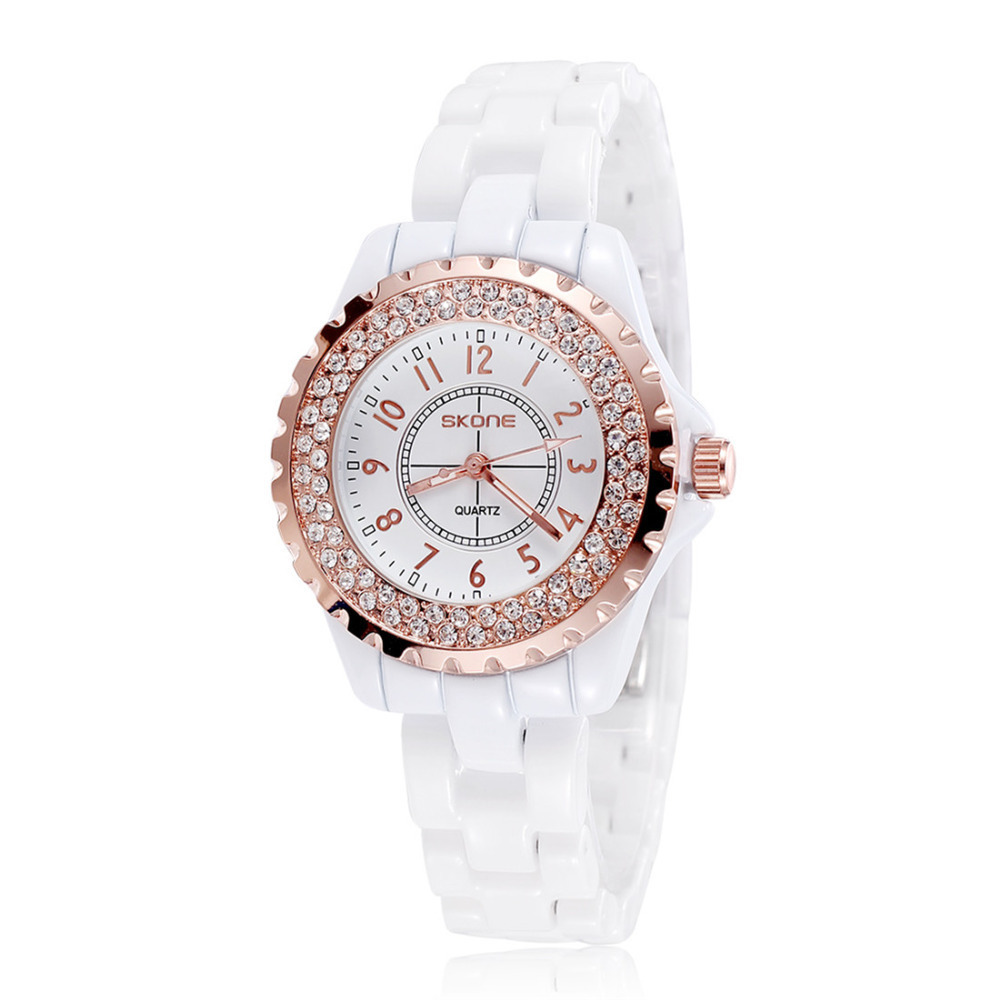 2015 skone fashion wrist watch women shinny rhinestone white artificial ceramic bracelet female ladies wrist watches girl gift