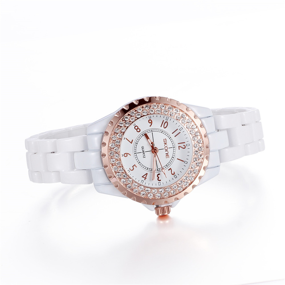 2015 skone fashion wrist watch women shinny rhinestone white artificial ceramic bracelet female ladies wrist watches girl gift
