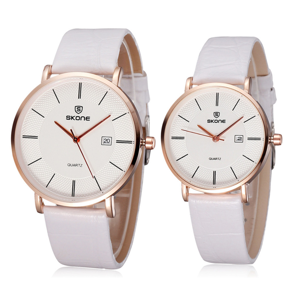 a pair skone waterproof pu leather couple lover wrist watches men women dress wristwatch set with date calender quartz movement
