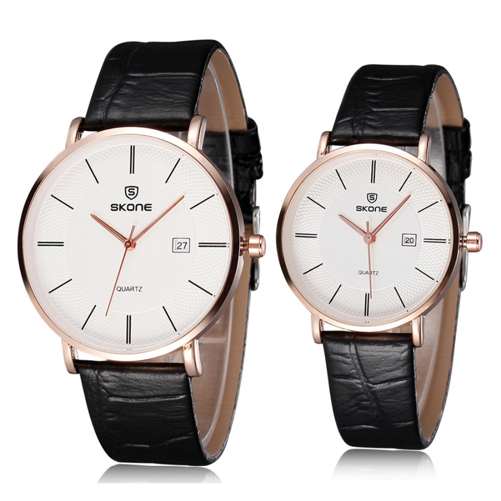 a pair skone waterproof pu leather couple lover wrist watches men women dress wristwatch set with date calender quartz movement